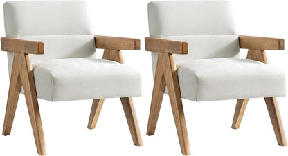 HULALA HOME Modern Accent Chair, Upholstered Arm Chair with Solid Wood Frame, Comfortable Padded Seat and Back, for Living Room, Bedroom Set of 2, Ivory