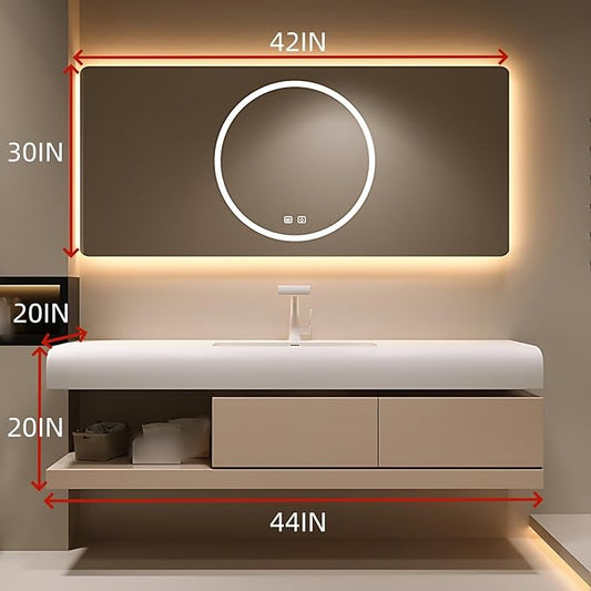 44IN Bathroom Vanity with Sink - Bathroom Cabinet Set has 2 Drawers & Overflow Hole Wall Mounted | LED Practical Defogging Mirror, Open Compartments, Seamless Rock Slab Basin (Khaki)