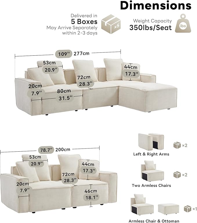 WILLOVE Modular Sectional Sofa Set, Chenille Cloud Couch with Wide Armrests & 8 Pillows, Deep Seat Couches for Living Room, 6-Seater Beige