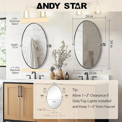 ANDY STAR Brushed Nickel Bathroom Mirror, 22 x 34 Inch Oval Pivot Mirror for Wall, Unique Farmhouse Tilt Mirror in Slim Silver Stainless Steel Metal Frame for Bedroom, Powder Room