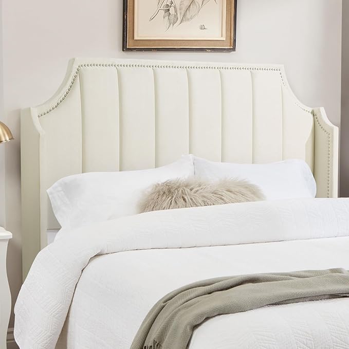 Lucky Monet Luxurious Headboard Only Queen Size with Wingback, Velvet Upholstered Tufted Headboard with Nailhead Decor for Bed, Adjustable Height Curved Head Board Vertical Channel Design (Cream)
