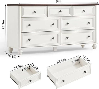 7 Drawers Dresser for Bedroom, Farmhouse 54" Wide Wood Dressers Chest of Drawers, Vintage Design TV Stand, Rustic Storage Dresser Organizer with Metal Handle Closet for Living Room, Hallway