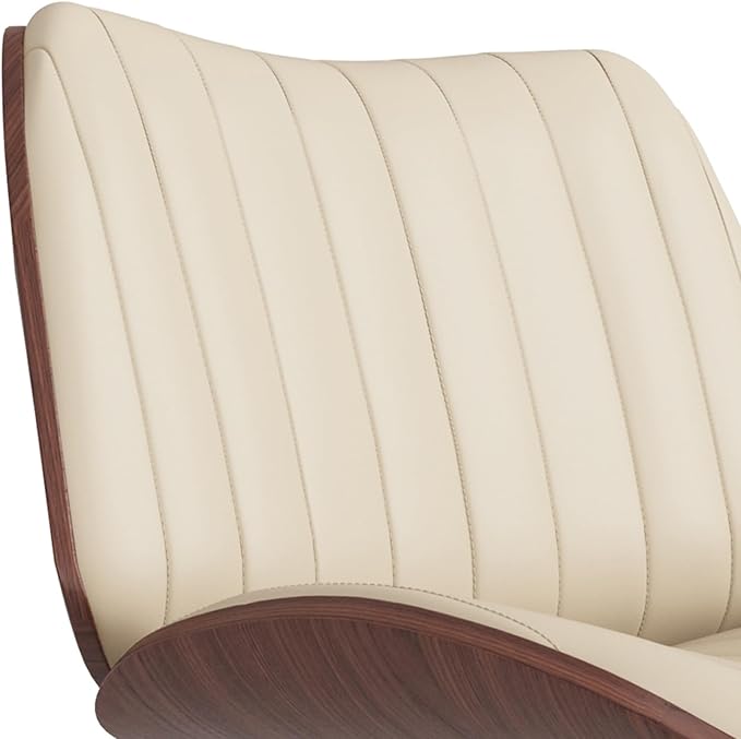 SIMPLIHOME Goulding Adjustable Swivel Bar Stool - 33 inch Seat Height Upholstered Metal Chair in Cream Vegan Faux Leather, Mid Century Seating for Kitchen or Bar with Curved Bentwood Back