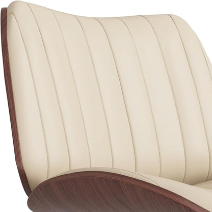 SIMPLIHOME Goulding Adjustable Swivel Bar Stool - 33 inch Seat Height Upholstered Metal Chair in Cream Vegan Faux Leather, Mid Century Seating for Kitchen or Bar with Curved Bentwood Back