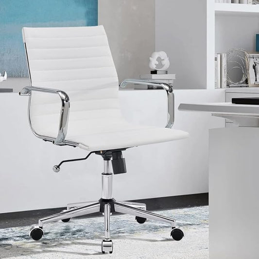 White Office Chairs Computer Conference Swivel Chair with Wheels and Arms Leather Home Office Desk Chair Mid Back Adjustable Chairs for Girls…