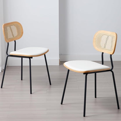 Mid-Century Modern Rattan Cane Back Dining Chairs Set of 6 — PU Leather Upholstered Seat, Black Metal Legs, Kitchen Side Chairs for Kitchen & Dining Room, White