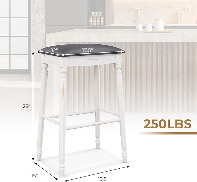 COSTWAY Upholstered Bar Stools Set of 2, 29-Inch Backless Counter Height Dining Stools with Delicate Wood Carving, Footrest, Solid Rubber Wood Frame, Farmhouse BarStools for Kitchen Island Bar, White