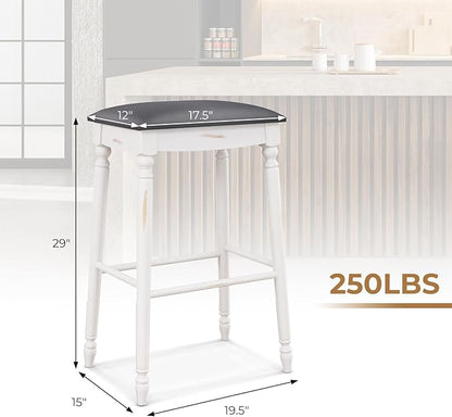 COSTWAY Upholstered Bar Stools Set of 2, 29-Inch Backless Counter Height Dining Stools with Delicate Wood Carving, Footrest, Solid Rubber Wood Frame, Farmhouse BarStools for Kitchen Island Bar, White