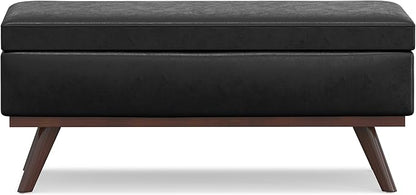 SIMPLIHOME Owen 42 inch Wide Mid Century Modern Rectangle Lift Top Large Coffee Table Storage Ottoman in Distressed Black Vegan Faux Leather, Assembled, for the Living Room, Entryway and Family Room