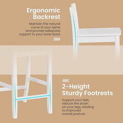 COSTWAY Wooden Bar Stools Set of 2, 24-Inch Counter Height Stools with Ergonomic Backrest & Footrest, Farmhouse High Dining Chairs for Kitchen Island, Pub, Cafe (2, White)