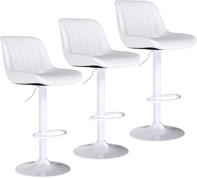 Youhauchair Bar Stools Set of 3, Swivel Counter Height Barstools with Back, Adjustable PU Leather Bar Chairs, Modern Armless Kitchen Island Stool, White