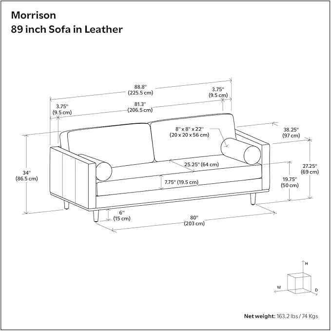 SIMPLIHOME Morrison 89-inch Wide Sofa in Sienna Top Grain Genuine Leather, Mid-Century Modern Design Couch for Living Room, Single Bench Cushion, 2 Back Cushions, 2 Bolster Pillows