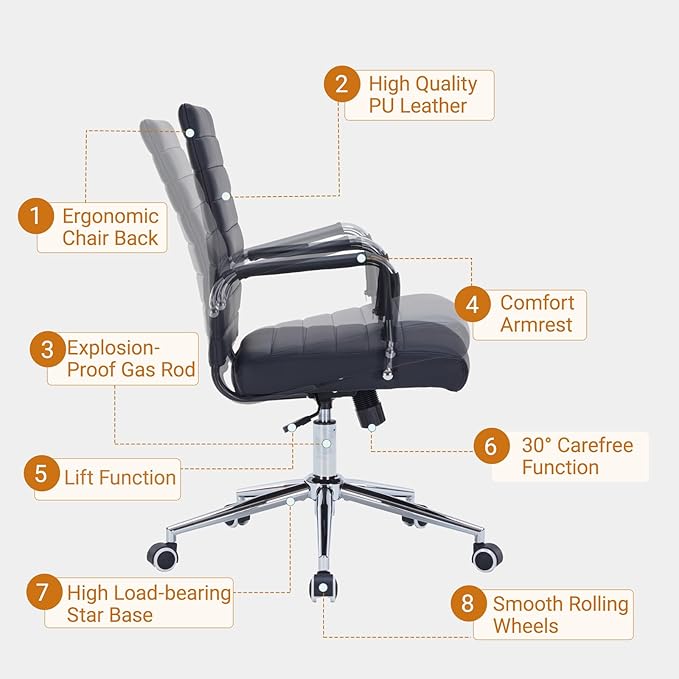 Sidanli Ergonomic Office Chair, Executive PU Leather Desk Chair with Adjustable Lumbar Support and Smooth-Rolling Wheels for Home Office Conference Room, Mid Back, Black