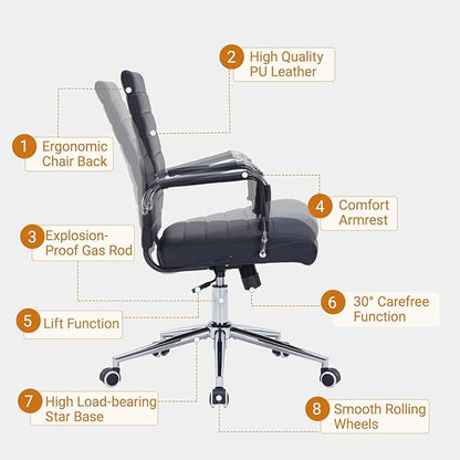 Sidanli Ergonomic Office Chair, Executive PU Leather Desk Chair with Adjustable Lumbar Support and Smooth-Rolling Wheels for Home Office Conference Room, Mid Back, Black