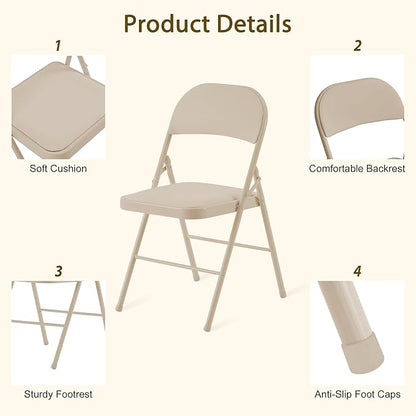4 Pack Khaki Folding Chairs with Padded Cushion and Back, Portable Duty Metal Frame Commercial Seat, Foldable Indoor Outdoor Chairs for Office Party Events Kitchen Dinning Wedding, 330-LBS Capacity