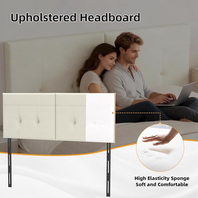 Queen Headboard Only with Adjustable Metal Legs, Faux Leather Upholstered Headboard Queen Size, Modern Stylish Headboard with Sunken Dot Design, Sturdy Bed Headboard for Bedroom, Ivory