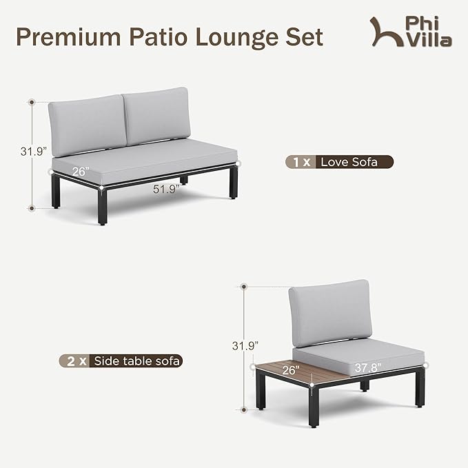 PHI VILLA 3 Pieces Outdoor Patio Furniture Set,Metal Frame Modern Outdoor Sectional Sofa Set,4 Seats Patio Conversation Sets with Coffee Table,for Poolside and Backyard,Light Grey