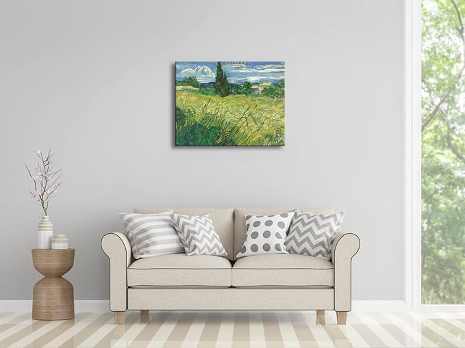 Wieco Art Abstract Canvas Prints Wall Art Green Field 1889 by Van Gogh Famous Oil Paintings Reproduction Artwork Stretched Landscape Picture for Living Room Home Office Decoration