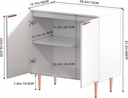 EOYUTLLY White Fluted Buffet Storage Cabinet,Wood Sideboard Buffet Cabinet with Adjustable Shelf & Rose Gold Colored Metal Legs, Accent Cabinet for Living Room,Kitchen, Assemble Easily