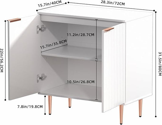 EOYUTLLY White Fluted Buffet Storage Cabinet,Wood Sideboard Buffet Cabinet with Adjustable Shelf & Rose Gold Colored Metal Legs, Accent Cabinet for Living Room,Kitchen, Assemble Easily