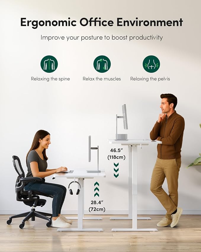 FEZIBO One-Piece Standing Desk Adjustable Height Stand up Home Office Desk, 40x24 Inch Electric Standing Computer Desk, with 4 Memory Presets, Headphone Hook, White
