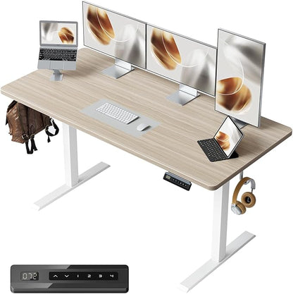 FEZIBO One-Piece Standing Desk Adjustable Height Stand up Home Office Desk, 55x24 Inch Electric Standing Computer Desk, with 4 Memory Presets, Headphone Hook, Light Walnut