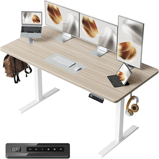 FEZIBO One-Piece Standing Desk Adjustable Height Stand up Home Office Desk, 55x24 Inch Electric Standing Computer Desk, with 4 Memory Presets, Headphone Hook, Light Walnut