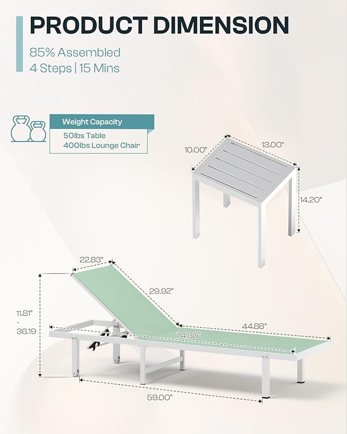 Pool Lounge Chairs, Chaise Lounge Outdoor with Wheels and 5-Position Recliner -Easy to Move- Aluminum Patio Lounge Chair for Poolside, Deck (LightGreen)