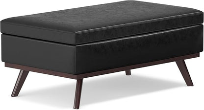 SIMPLIHOME Owen 42 inch Wide Mid Century Modern Rectangle Lift Top Large Coffee Table Storage Ottoman in Distressed Black Vegan Faux Leather, Assembled, for the Living Room, Entryway and Family Room