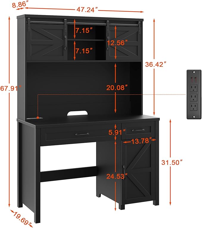 Vabches Farmhouse 47" Executive Desk, Computer Desk with 2 Drawers, Storage Cabinet and LED Light,Charging Hub, Home Office Desk with Hutch, Workstation for Home Office and Study(Pure Black