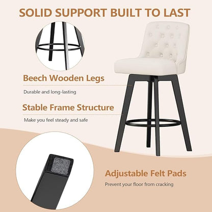 MINCETA Bar Stools Set of 2, PU Leather Barstools, 26 Inch Upholstered Counter Stools with Low Tufted Back and Footrest, Swivel Counter Height Barstools for Kitchen Island Home Bar White