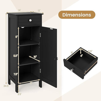 LOKO Bathroom Floor Cabinet, Modern Single Door Storage Cabinet with Drawer & Adjustable Shelves, Corner Narrow Storage Organizer for Living Room, Entryway (Black)