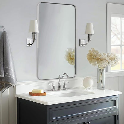 ANDY STAR Chrome Bathroom Mirror, 24”x40” Polished Nickel Rounded Corner Rectangle Mirror, Modern Metal Frame Bathroom Vanity Mirror