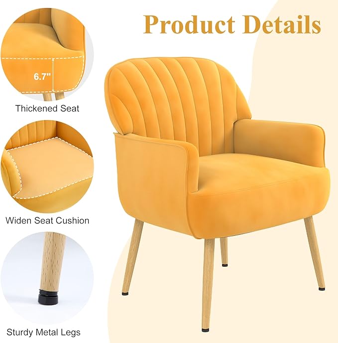 Velvet Accent Chair, Mid Century Modern Accent Chairs for Living Room, Comfy Upholstered Armchair with Metal Legs for Bedroom/Apartment/Office/Waiting Room, Yellow
