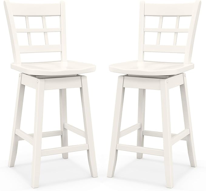COSTWAY Swivel Bar Stools Set of 2, 24.5 Inch Counter Height Bar Chairs w/Hollow Backrest & Contoured Seat, Wooden Barstools w/Footrest for Kitchen Island, Pub, Bistro, Cafe (2, White)