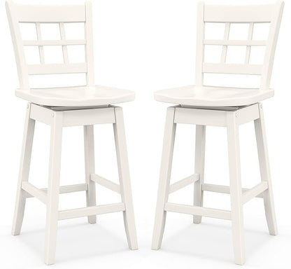 COSTWAY Swivel Bar Stools Set of 2, 24.5 Inch Counter Height Bar Chairs w/Hollow Backrest & Contoured Seat, Wooden Barstools w/Footrest for Kitchen Island, Pub, Bistro, Cafe (2, White)