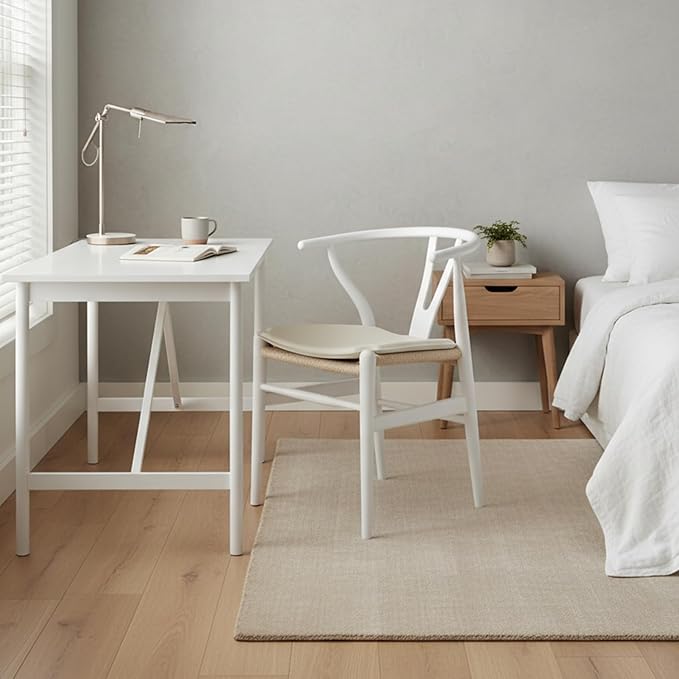Tomile Wishbone Dining Chair with Arms, A Clean White PU Cushion Included on Handwoven Seat, Modern Mid-Century Y-Chair Crafted from White Ash Wood, Ideal for Dining Room Chairs Set (Ash Wood - White)