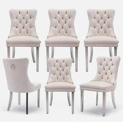 Velvet Upholstered Dining Chairs Set of 6, Modern Style Kitchen Side Chairs with Nailhead Trim and Silver Plated Leg, Metal Pulling Ring for Dining Room Living Room