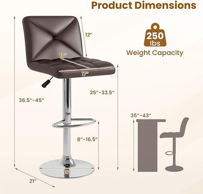 COSTWAY Bar Stools Set of 4, Modern PU Leather Swivel Bar Chairs, Height Adjustable Upholstered Barstools with Premium Gas Rod, Sturdy Footrest, Round Base, for Kitchen, Dining Room, Office,Brown