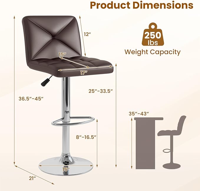COSTWAY Bar Stools Set of 2, Modern PU Leather Swivel Bar Chairs, Height Adjustable Upholstered Barstools with Premium Gas Rod, Sturdy Footrest, Round Base, for Kitchen, Dining Room, Office,Brown
