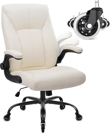 Big and Tall Office Chair for Heavy People, Executive Desk Computer Chair Adjustable Flip-up Armrests for Women, PU Leather Swivel Task Chair with Ergonomic High Back and Lumbar Support (White)
