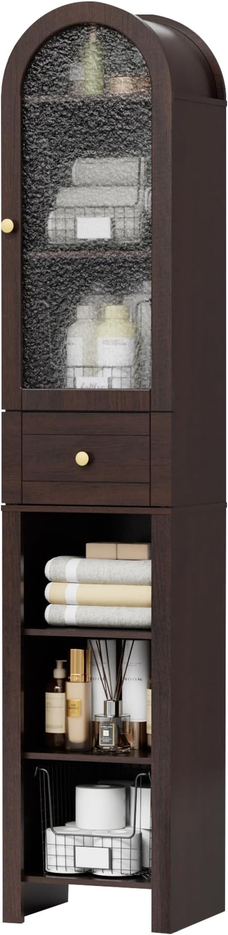 70" Tall Bathroom Storage Cabinet with Acrylic Door，Narrow Storage Cabinet with Drawer Adjustable Shelves, Modern Arched Design Bathroom Cabinet for Bathroom, Living Room, Kitchen, Espresso