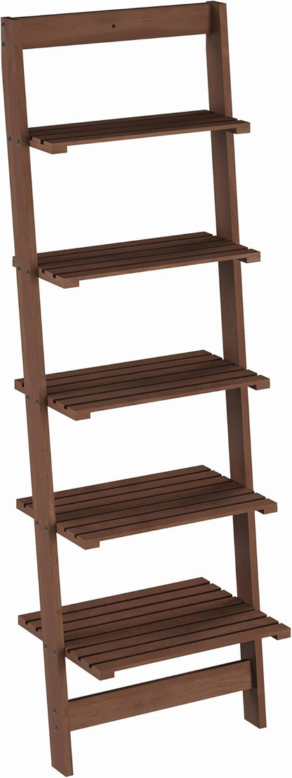5-Tier Ladder Shelf - 50-Inch Narrow Leaning Bookshelf - Wooden Bookcase for Living Room, Bathroom, Kitchen, Office, or Bedroom Furniture by Lavish Home (Walnut)