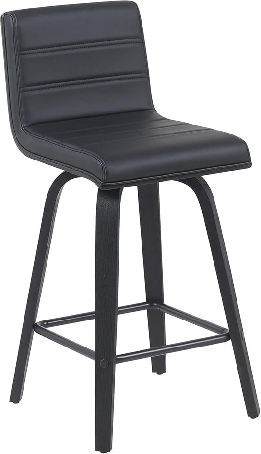 Vienna Modern Counter Height Swivel Bar Stool with Black Faux Leather Seat and Black Brushed Wood Frame Set of 2