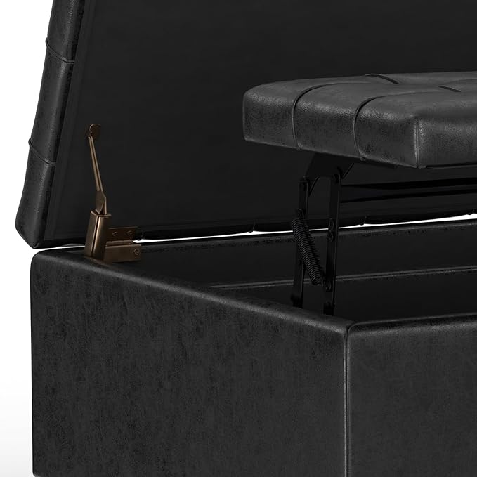 SIMPLIHOME Harrison 30 inch Wide Transitional Square Small Coffee Table Storage Ottoman in Distressed Black Vegan Faux Leather, Assembled, for The Living Room and Bedroom