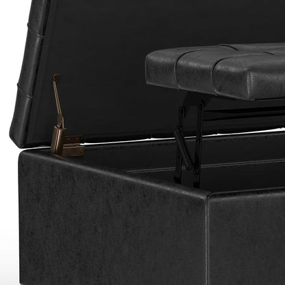 SIMPLIHOME Harrison 30 inch Wide Transitional Square Small Coffee Table Storage Ottoman in Distressed Black Vegan Faux Leather, Assembled, for The Living Room and Bedroom