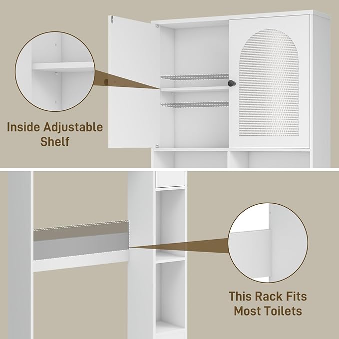 Vabches Over The Toilet Storage Cabinet, Rattan Storage Cabinet Over Toilet with 2 Doors & Toilet Paper Holder Stand, Freestanding Toilet Shelf Space Save with Anti-Tip Design Adjustable Shelf, White