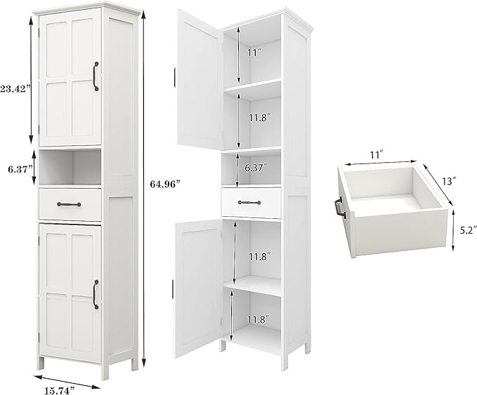 Tall Bathroom Storage Cabinet, White Bathroom Cabinets Freestanding, Narrow Storage Cabinet w/Adjustable Shelves for Home, Kitchen, Versatile, Anti-Tipping