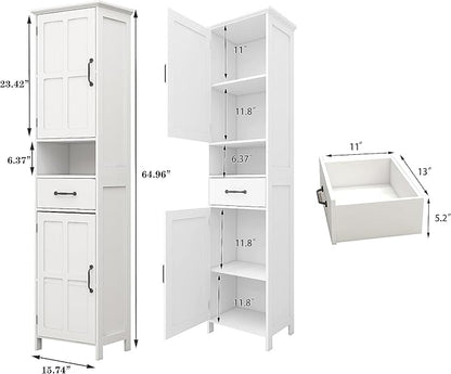 Tall Bathroom Storage Cabinet, White Bathroom Cabinets Freestanding, Narrow Storage Cabinet w/Adjustable Shelves for Home, Kitchen, Versatile, Anti-Tipping