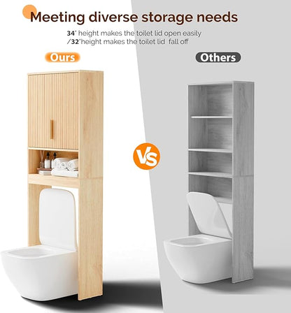 VINGLI Fluted Over The Toilet Storage Cabinet, Modern Behind Toilet Cabinet Bathroom Organizer with 2 Fluted Doors,Wood Storage Organizer Freestanding with Adjustable Shelf for Bathroom,Natural Oak